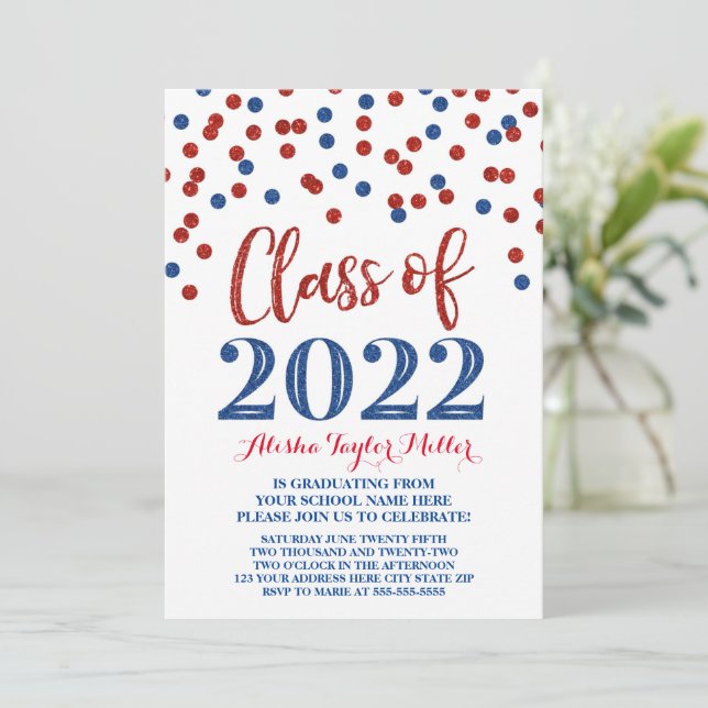 Blue Red Glitter Confetti Graduation Party 2022 Invitation (Standing Front)