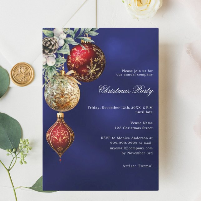 Blue red gold baubles business Christmas Party Invitation (Creator Uploaded)
