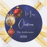 Blue red gold baubles Christmas Classic Round Sticker<br><div class="desc">For a Christmas party favours or gift wrapping. An navy blue uneven coloured background. Decorated with red and gold baubles.  Personalise and add your name,  year.  Text: Merry Christmas</div>