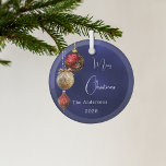 Blue red gold baubles Christmas Glass Tree Decoration<br><div class="desc">An navy blue uneven coloured background. Decorated with red and gold baubles.  Personalise and add your name,  year.  Text: Merry Christmas</div>