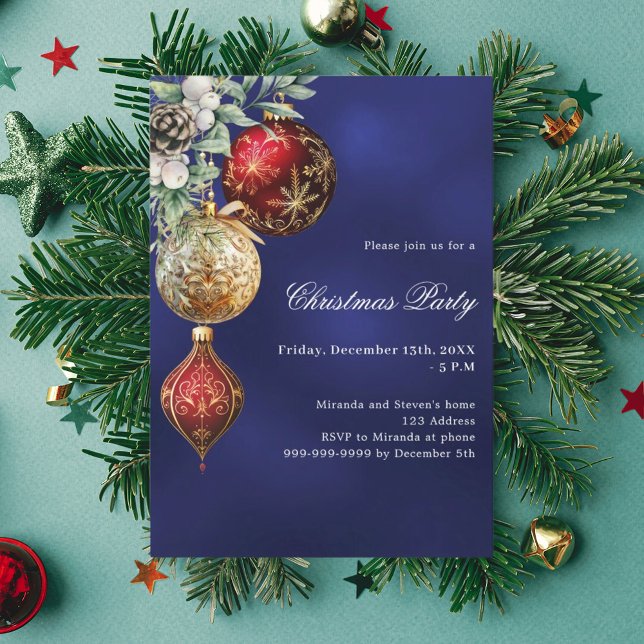Blue red gold baubles Christmas Party Invitation (Creator Uploaded)
