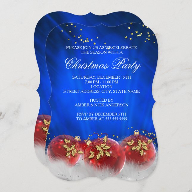 Blue Red Gold Baubles White Christmas Party Invitation (Front/Back)