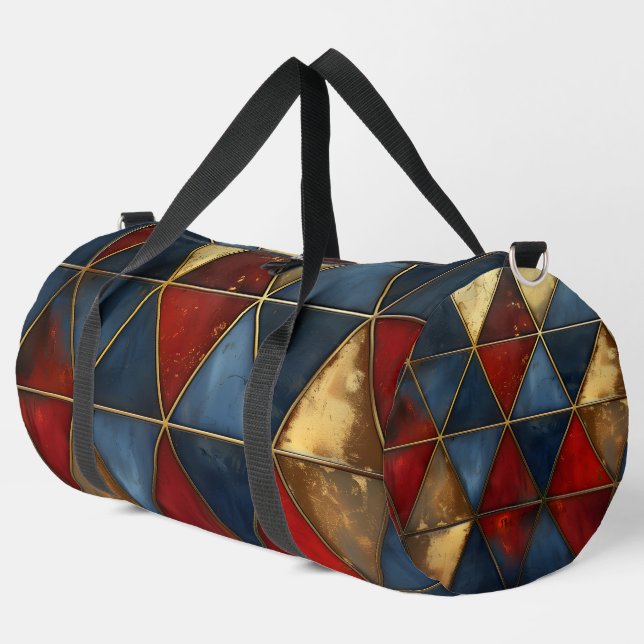 BLUE RED GOLD TRIANGLE PATTERNS DUFFLE BAG (Left Corner)