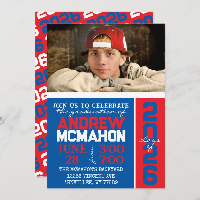 Blue & Red Graduation Photo Invitation (Front/Back)