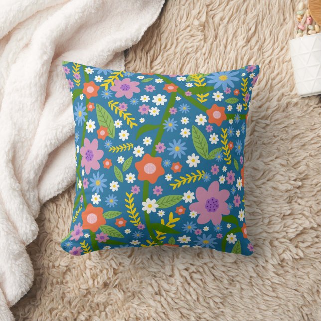 Blue, Red Green and Lavender Floral Throw Pillow (Blanket)