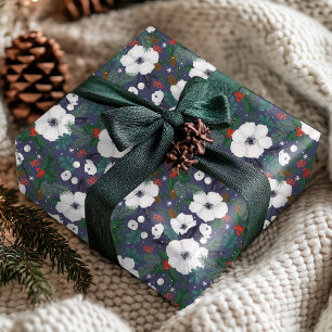 Blue Red Green Christmas Floral Winter Pattern Wrapping Paper