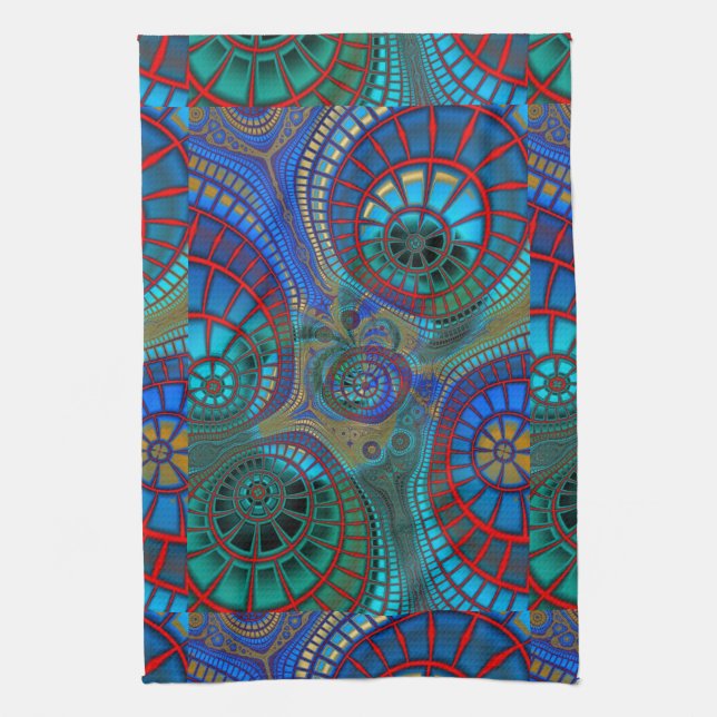 Blue Red Green Fractals Modern Art Tea Towel (Vertical)