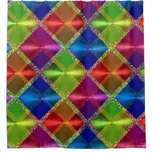 Blue Red Green Glitter Plaid Design Shower Curtain