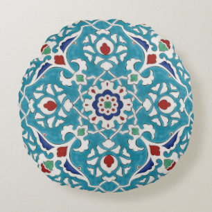 Blue Red Green White Portuguese Azulejo Pattern Round Cushion