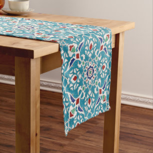 Blue Red Green White Portuguese Azulejo Pattern Short Table Runner