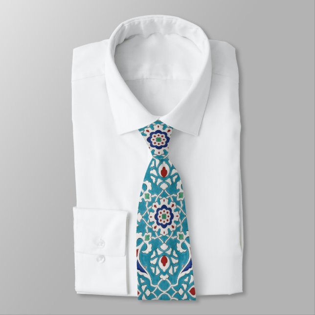 Blue Red Green White Portuguese Azulejo Pattern Tie (Tied)