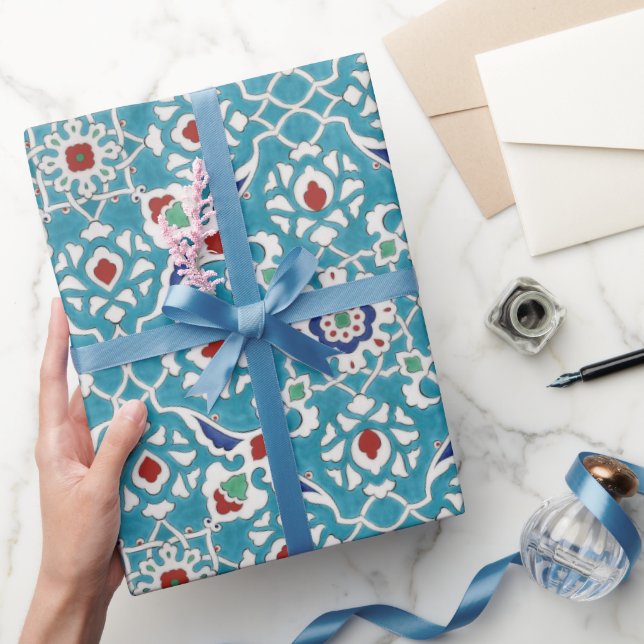 Blue Red Green White Portuguese Azulejo Pattern Wrapping Paper (Gifting)
