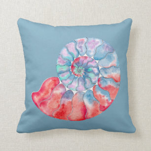 Blue Red Grey Nautilus on Dusky Blue Cushion