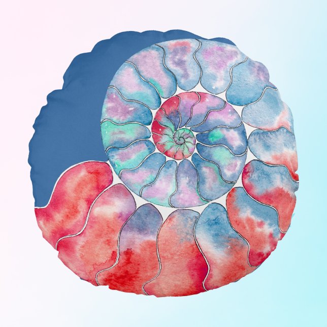 Blue Red Grey Nautilus on Dusty Blue Round Cushion (Creator Uploaded)