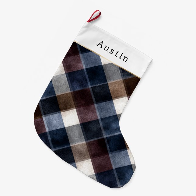 Blue Red Grey White Squares   Large Christmas Stocking (Front (Hanging))