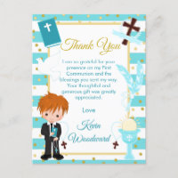 Blue Red Hair Boy First Communion Thank You