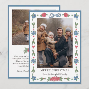 Blue Red Hand Drawn Nordic Photo Merry Christmas Holiday Card