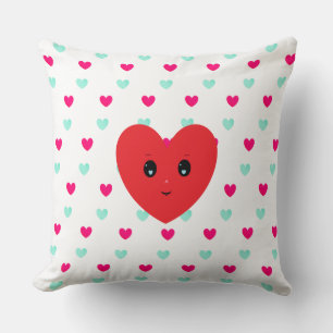 Blue & Red Heart Pattern on White Cushion