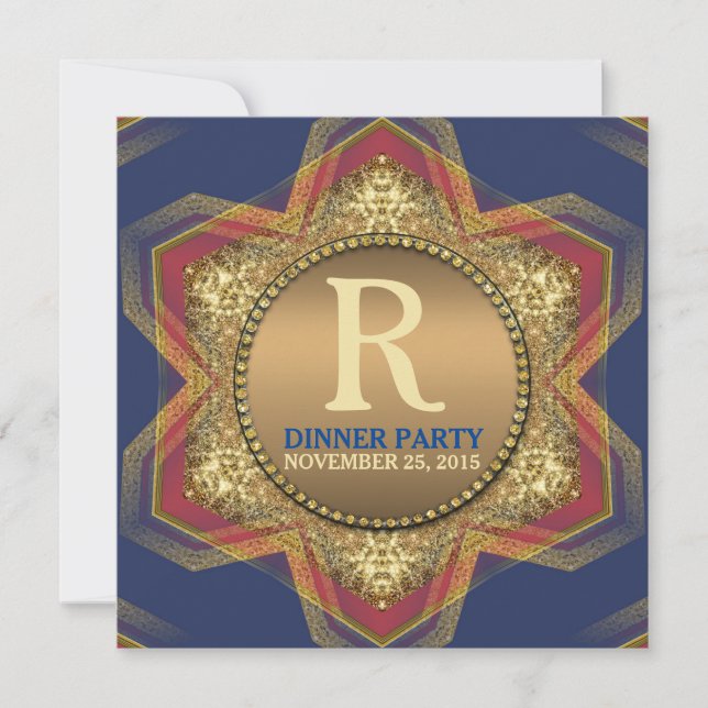 Blue Red Hexagon Star Gold Dinner Party Invitation (Front)
