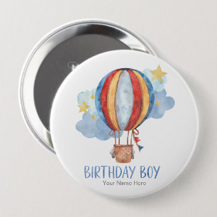 Blue Red Hot Air Balloon Stars Happy Birthday Boy 10 Cm Round Badge