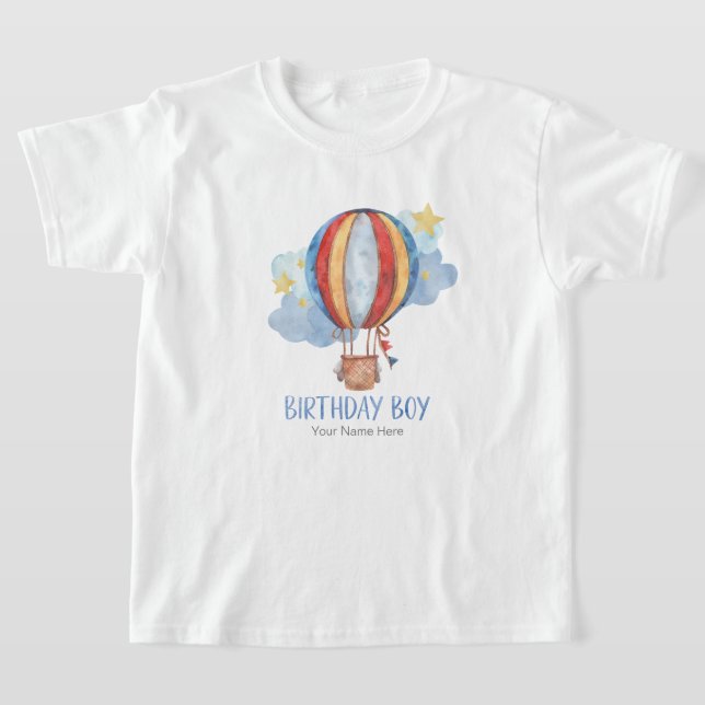 Blue Red Hot Air Balloon Stars Happy Birthday Boy T-Shirt (Laydown)