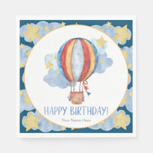 Blue Red Hot Air Balloon Stars Kids Happy Birthday Napkin