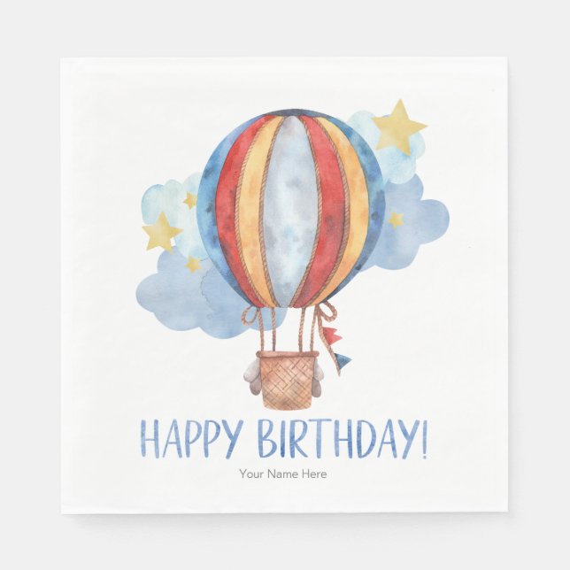 Blue Red Hot Air Balloon Stars Kids Happy Birthday Napkin (Front)