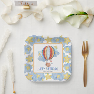 Blue Red Hot Air Balloon Stars Kids Happy Birthday Paper Plate