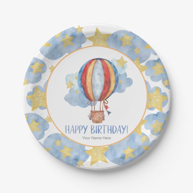 Blue Red Hot Air Balloon Stars Kids Happy Birthday Paper Plate (Front)