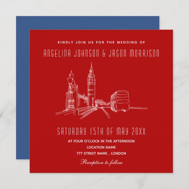 Blue Red London Wedding Invitation (Front/Back)