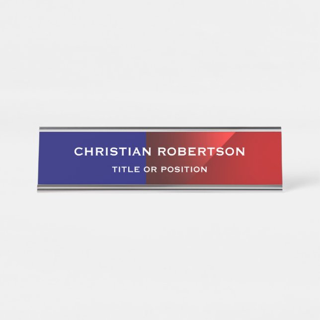 Blue Red Modern Simple Plain Business Desk Name Plate (Front)