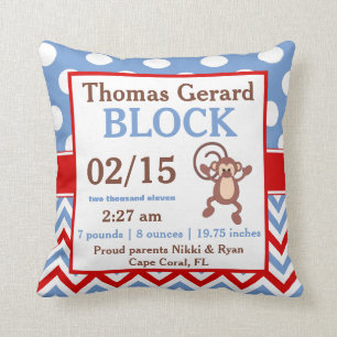 Blue Red Monkey Personalised Baby Announcement Cushion