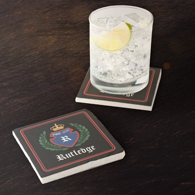 Blue Red Monogrammed Crest Crown Laurel Wreath Stone Coaster (Creator Uploaded)