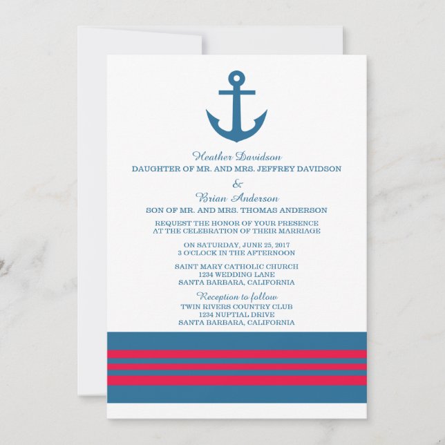 Blue Red Nautical Anchor Wedding Invite (Front)