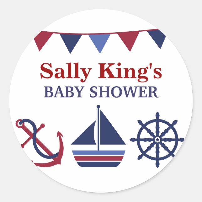 Blue & Red Nautical Baby Shower Sticker (Front)