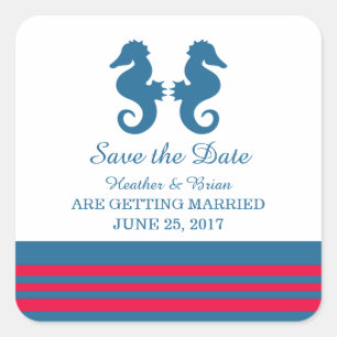 Blue Red Nautical Seahorse Save the Date Square Sticker