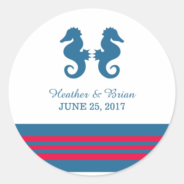 Blue Red Nautical Seahorse Wedding Stickers (Front)