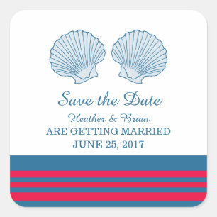 Blue Red Nautical Seashells Save the Date Square Sticker
