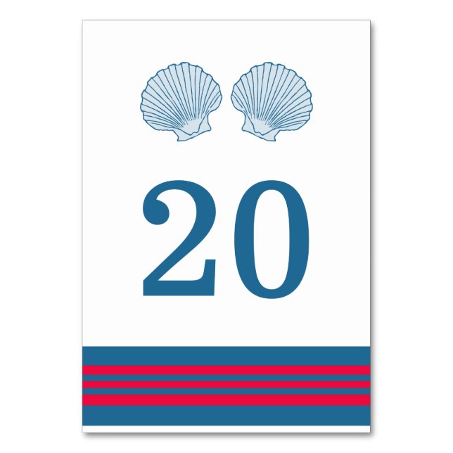 Blue Red Nautical Seashells Table Card (Front)
