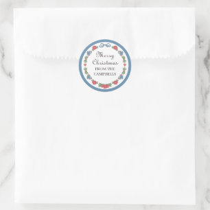 Blue Red Nordic Folk Frame Merry Christmas Classic Round Sticker
