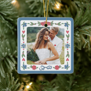 Blue Red Nordic Folk Frame Photo First Christmas  Ceramic Ornament