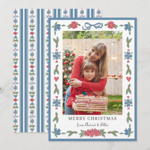 Blue Red Nordic Folk Frame Photo Merry Christmas Holiday Card