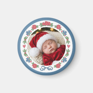 Blue Red Nordic Folk Frame Round Photo  Magnet