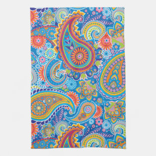 Blue, red, orange and yellow paisley tea towel