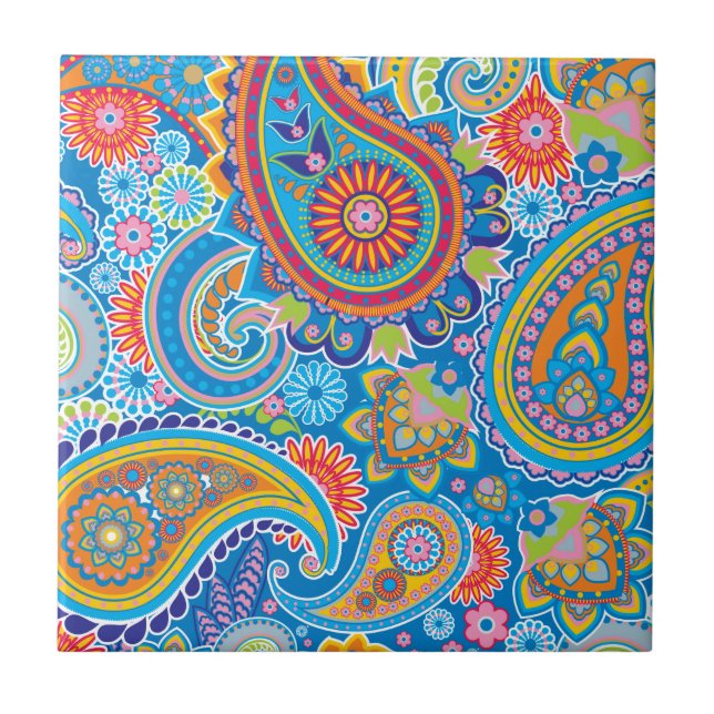 Blue, red, orange and yellow paisley tile (Front)