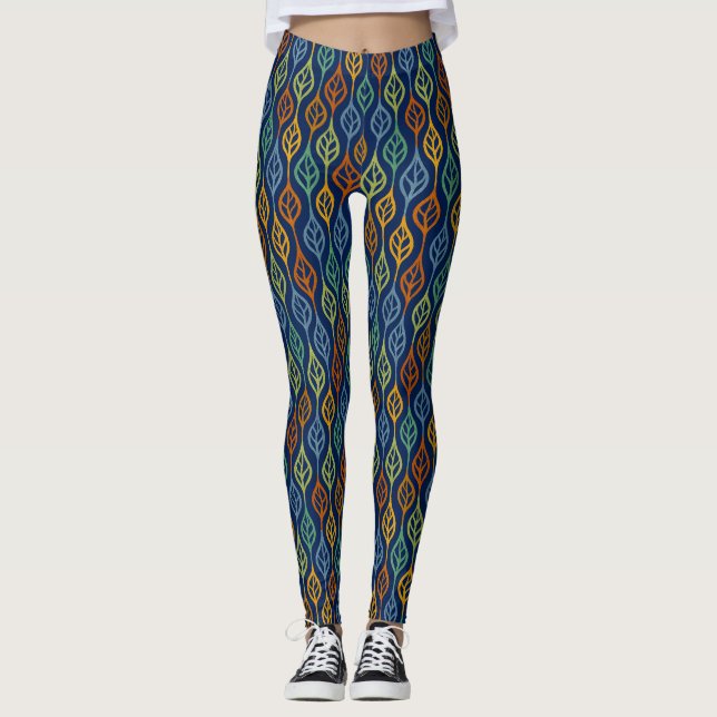 Blue Red Orange Green Teal Fall Leaves Pattern Leggings (Front)
