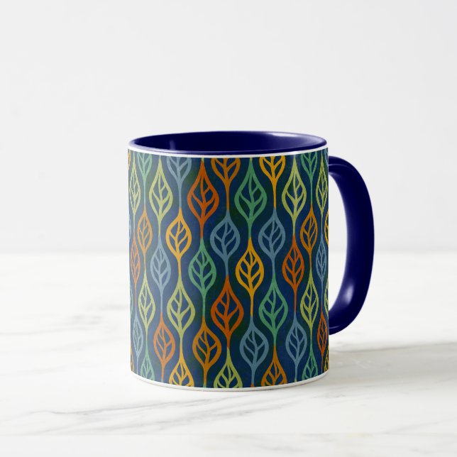 Blue Red Orange Green Teal Fall Leaves Pattern Mug (Front Right)