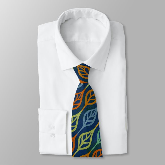 Blue Red Orange Green Teal Fall Leaves Pattern Tie (Tied)