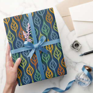 Blue Red Orange Green Teal Fall Leaves Pattern Wrapping Paper