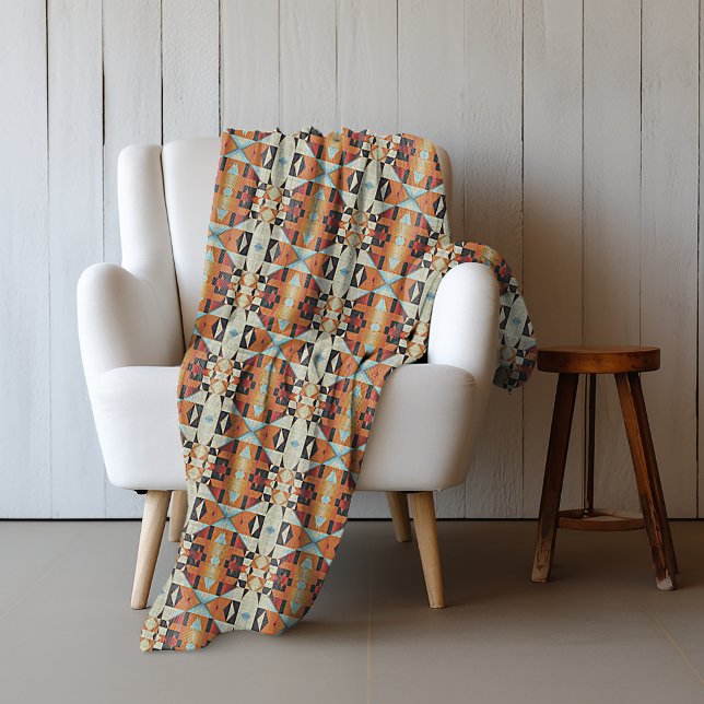 Blue Red Orange Taupe Brown Black Tribal Art Fleece Blanket (Creator Uploaded)